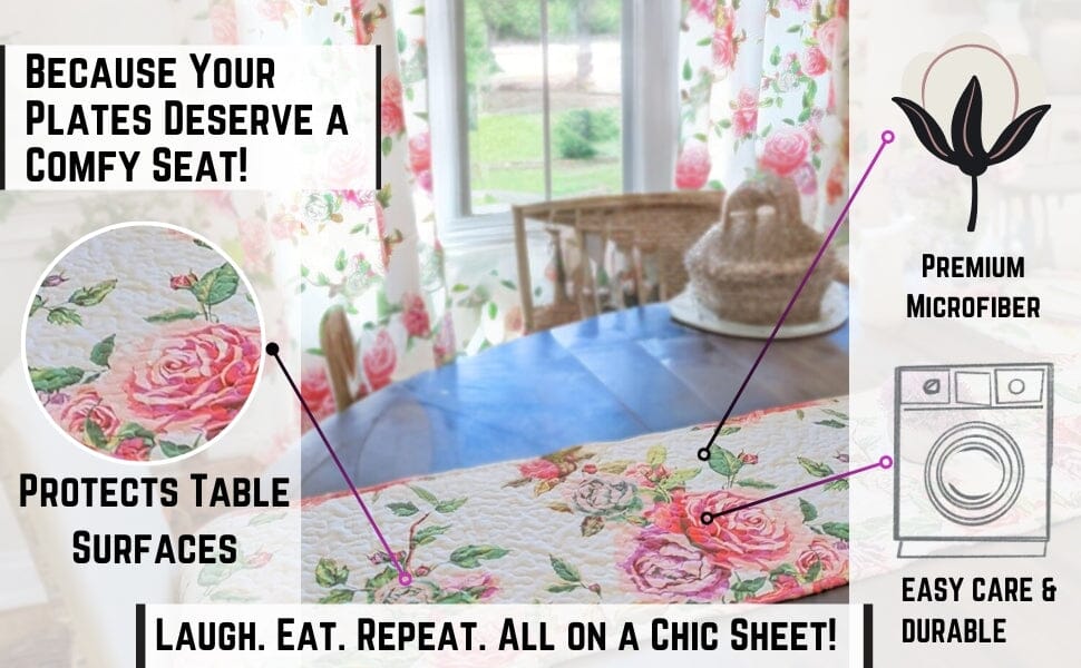 White quilted table runner with pink roses and green leaves pattern.
