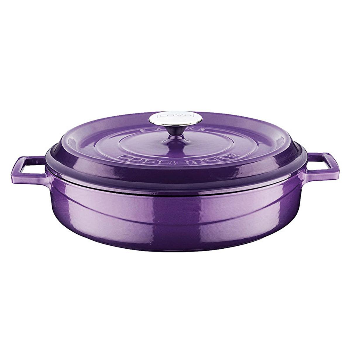 Purple enamel cast iron round pot with domed lid knob and two side handles