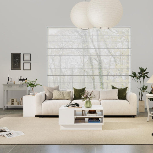 White modern coffee table with open lower shelves