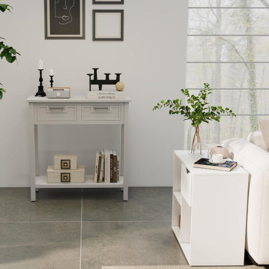 White console table with drawers and open bookcase shelves