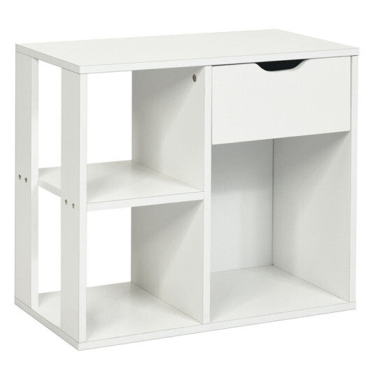 White rectangular cabinet side table with open cubby shelves and drawer