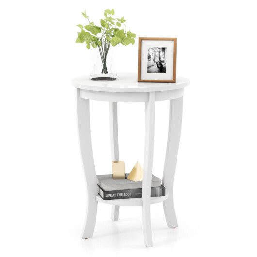 White round accent table with lower shelf and turned legs