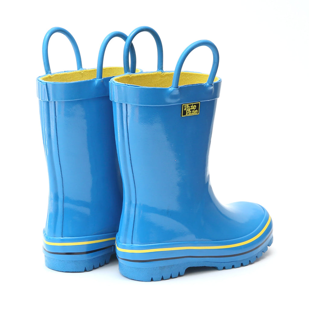 Blue rain boots pair with yellow side stripes and molded tread sole