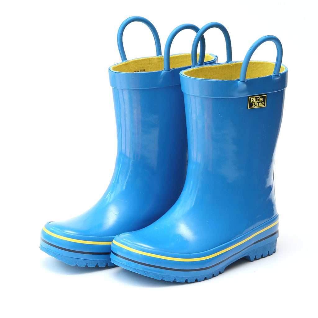 Blue kids' rain boots with yellow-trim soles