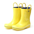 Yellow solid rain boots with navy lining and pull-on loop handles