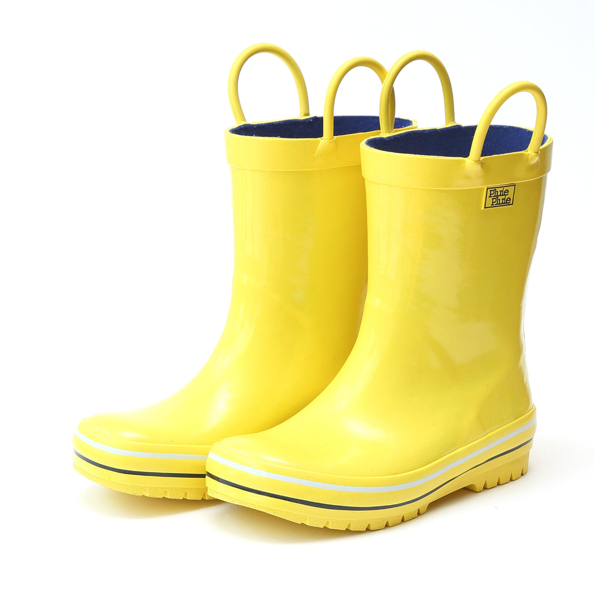 Yellow solid rain boots with navy lining and pull-on loop handles