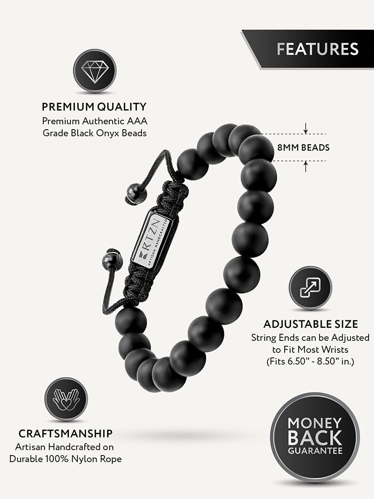 Black bead bracelet with rectangular label and adjustable rope ends