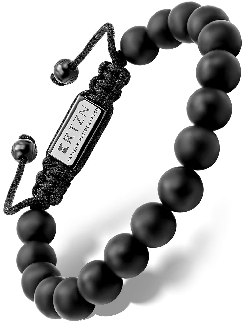 Black onyx beaded bracelet with adjustable cord and ARTIZAN tag