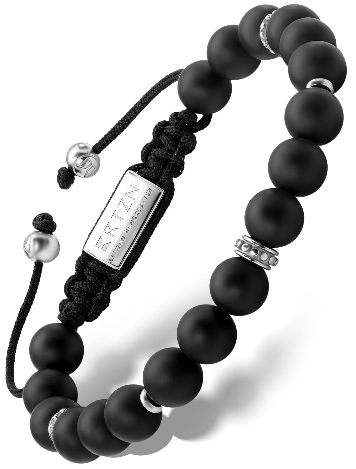 Black beaded bracelet with rectangular metal charm and adjustable cord ends, matte finish beads