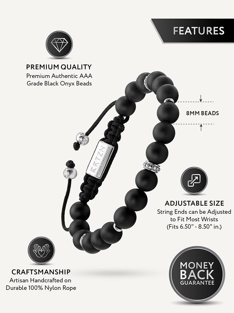 Black matte bead bracelet with rectangular metal charm and adjustable string closure