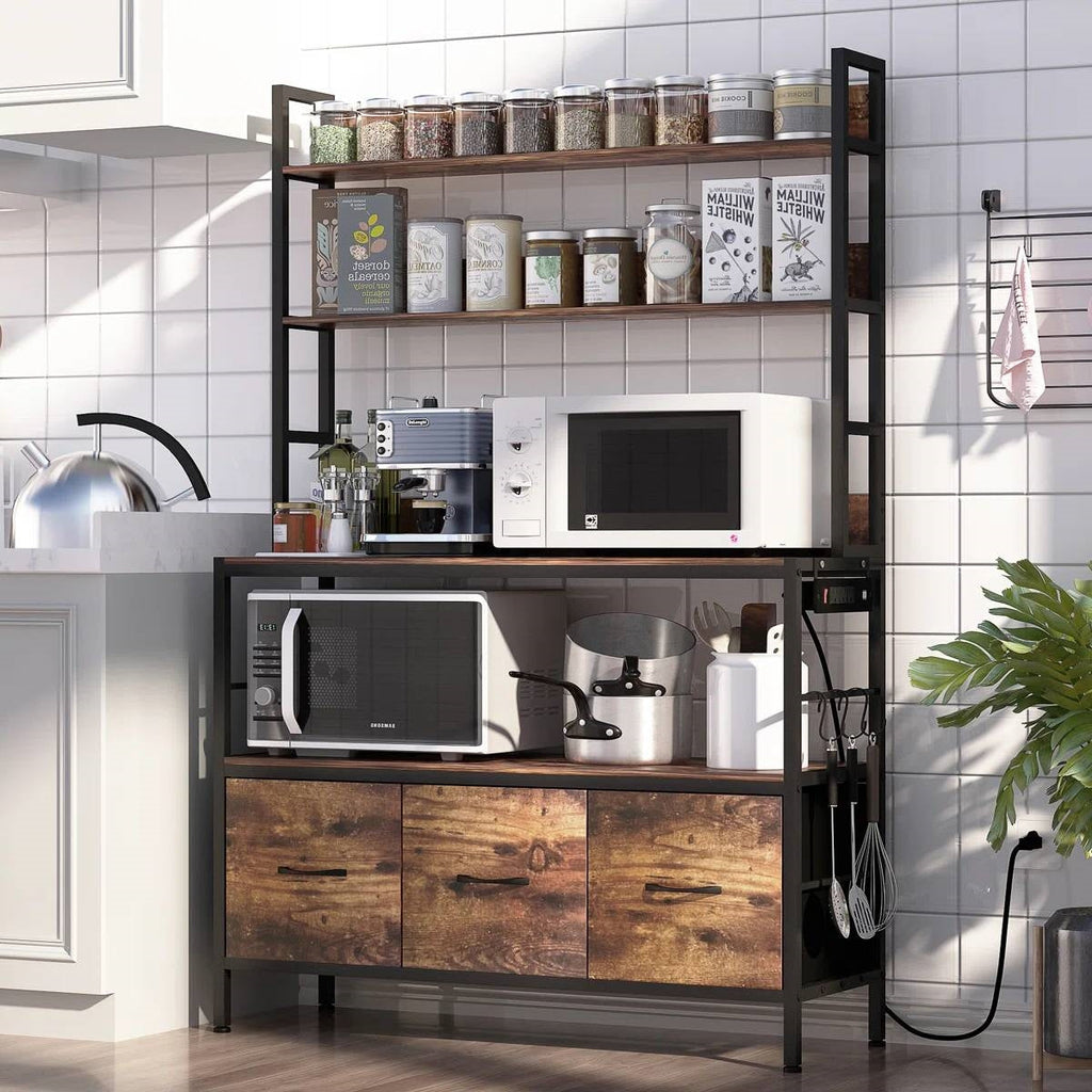 Black metal baker's rack with brown wood shelves and cabinet storage, open frame