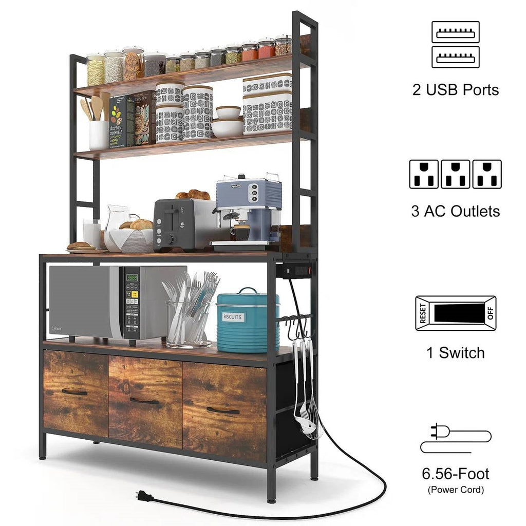 Black baker's rack with brown wood cabinets; USB ports, outlets, switch, cord