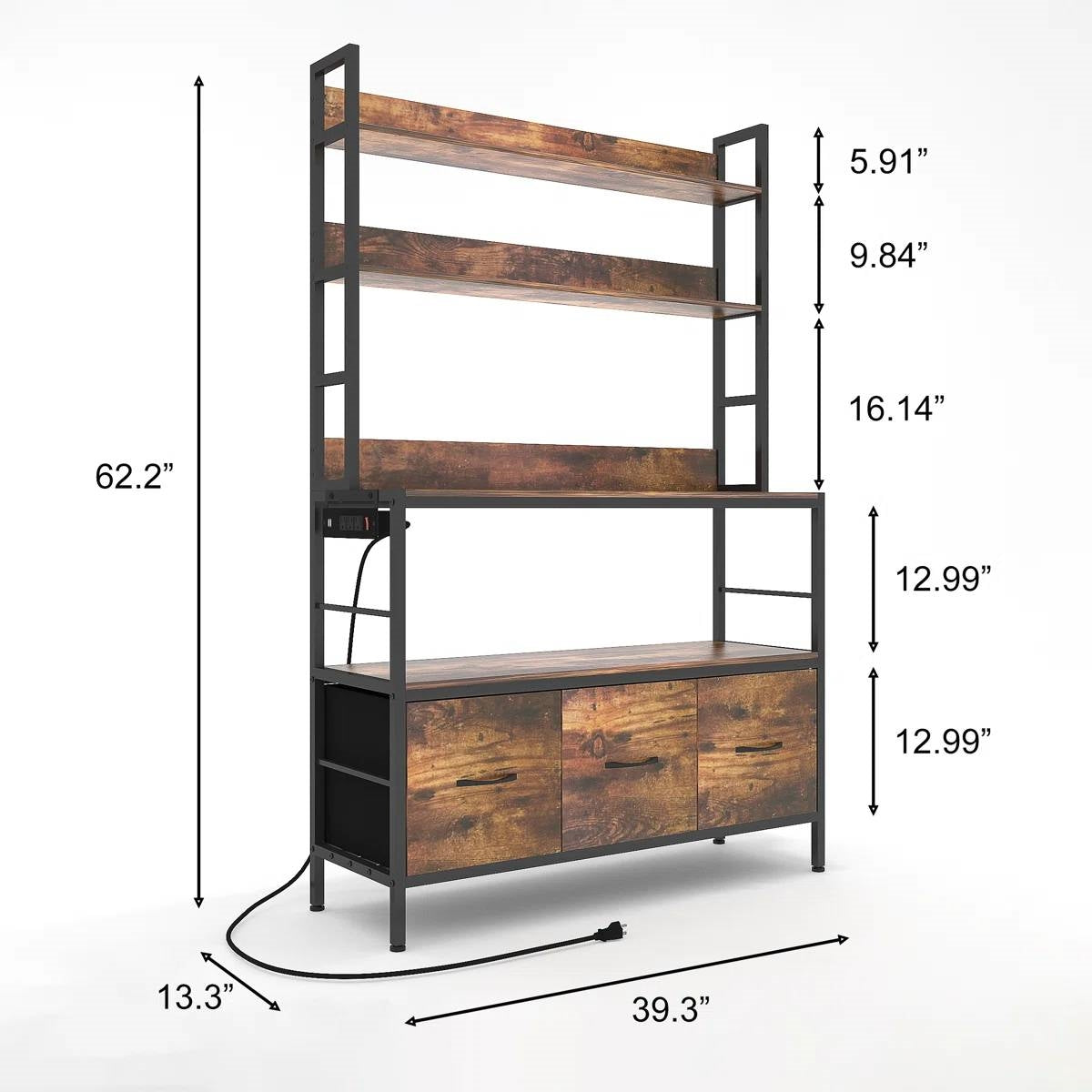 Black baker's rack with brown wood shelves and cabinet storage, with size labels