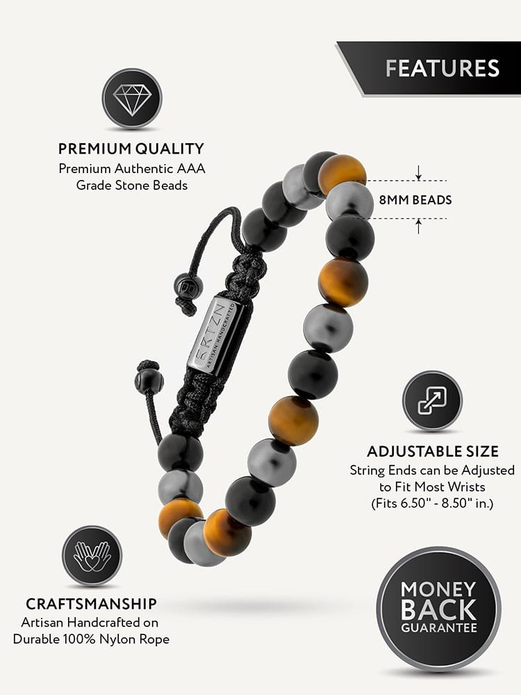 Beaded bracelet with black round beads, gold accents, and adjustable string ends