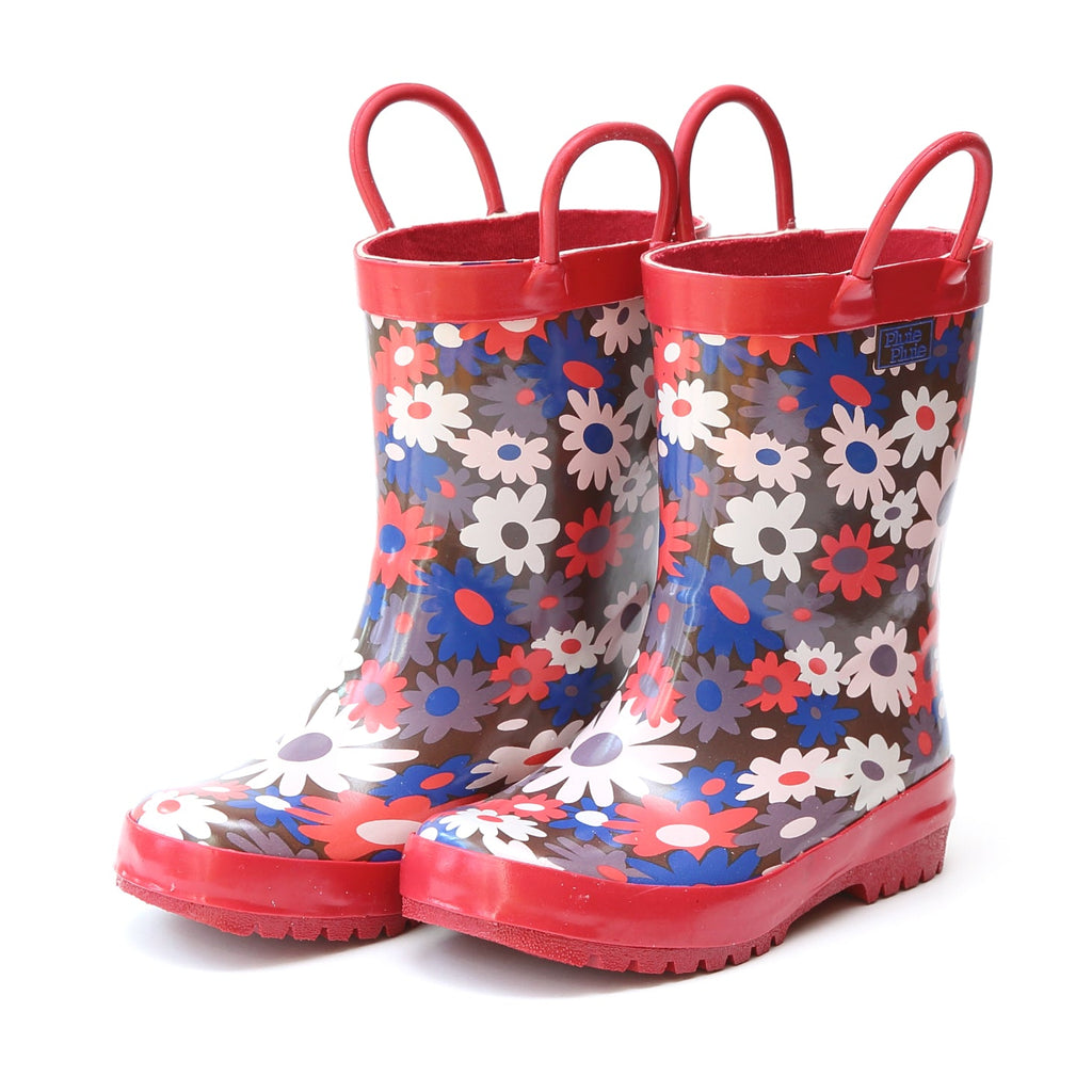 Floral rain boots with red upper, multicolor flower print, and red outsole