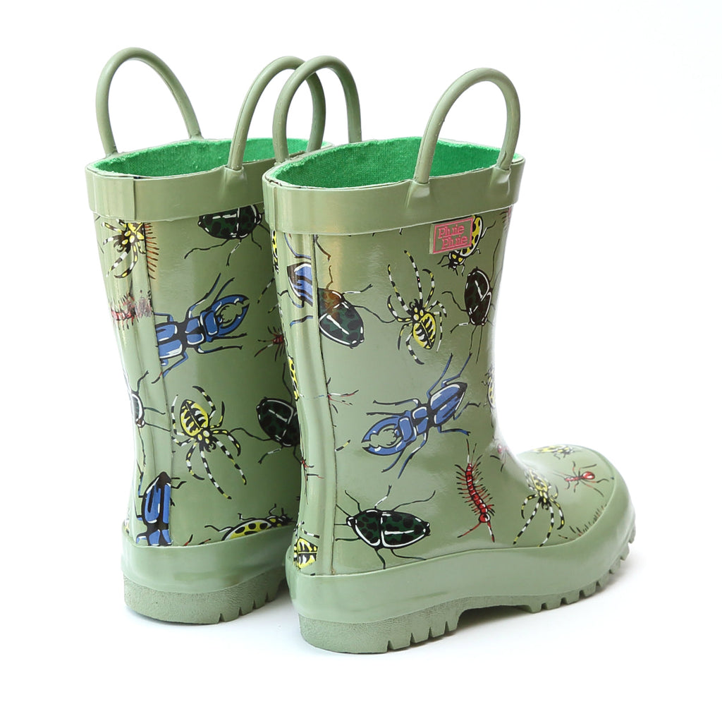 Pair of green rain boots with colorful insect pattern and rounded toe