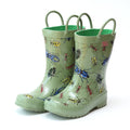 Green rain boots with colorful bug print, short heel and wide tread sole
