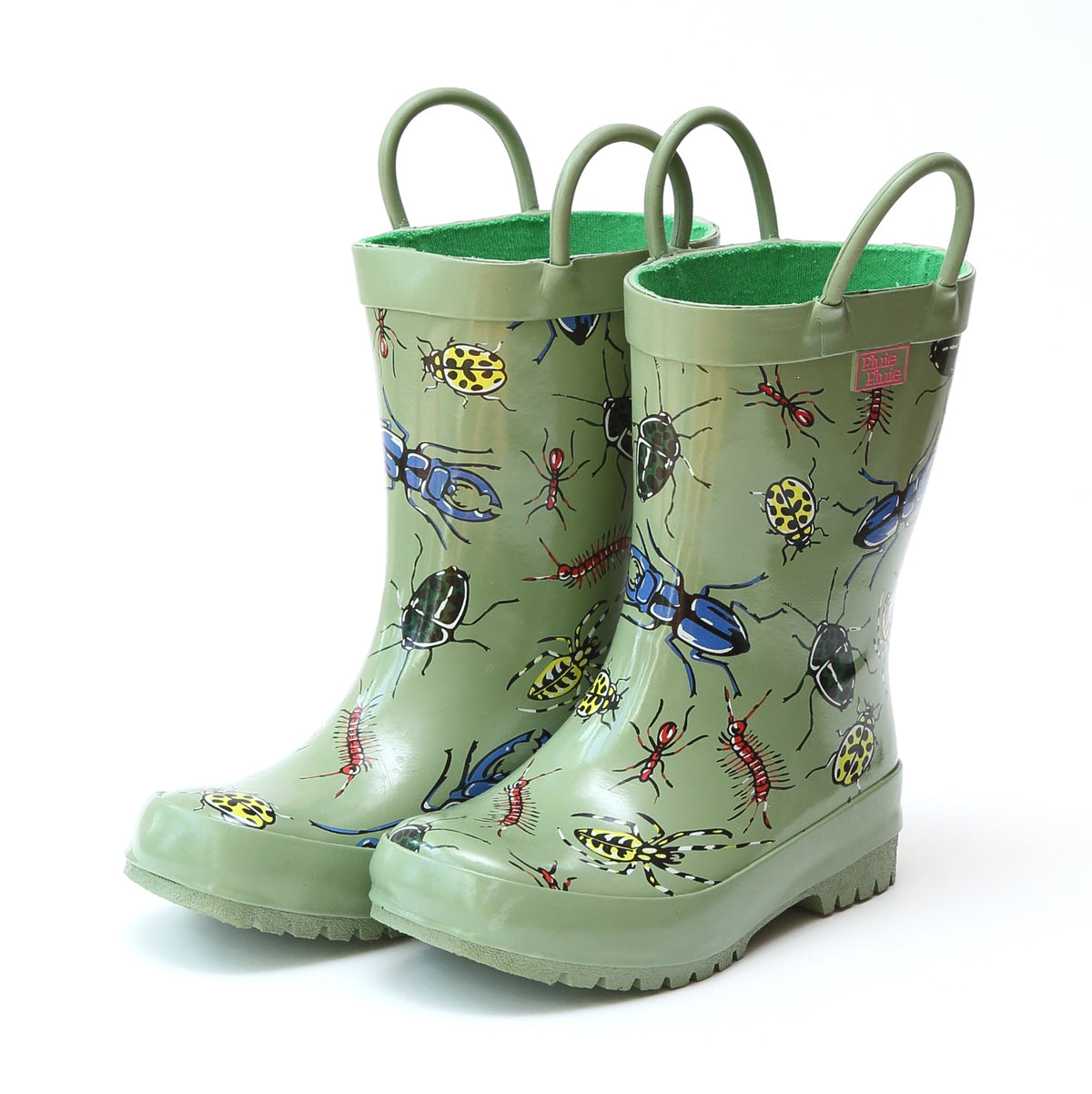 Green rain boots with colorful bug print, short heel and wide tread sole