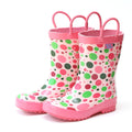 Pink rain boots with multicolor candy dot pattern and loop handles