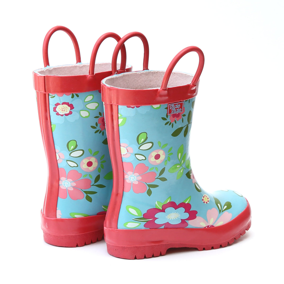 Pair of teal floral rain boots with red trim, high shafts, and treaded rubber soles