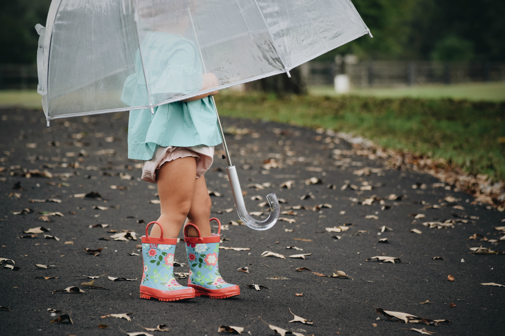 Teal floral rain boots with red trim worn on a child’s legs