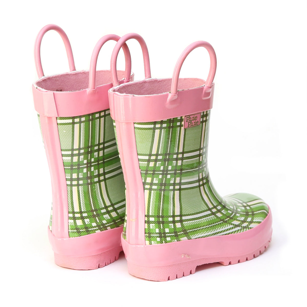 Pair of green plaid rain boots with pink cuff, handles, and rugged soles