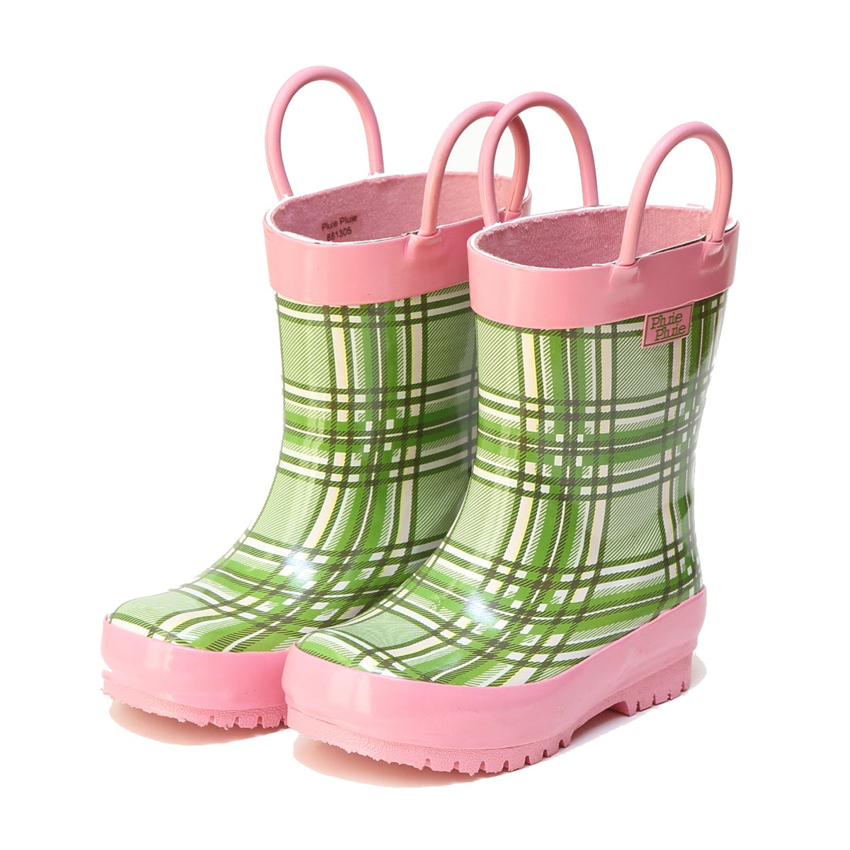 Green plaid rain boots with pink trim and handles, rubber soles