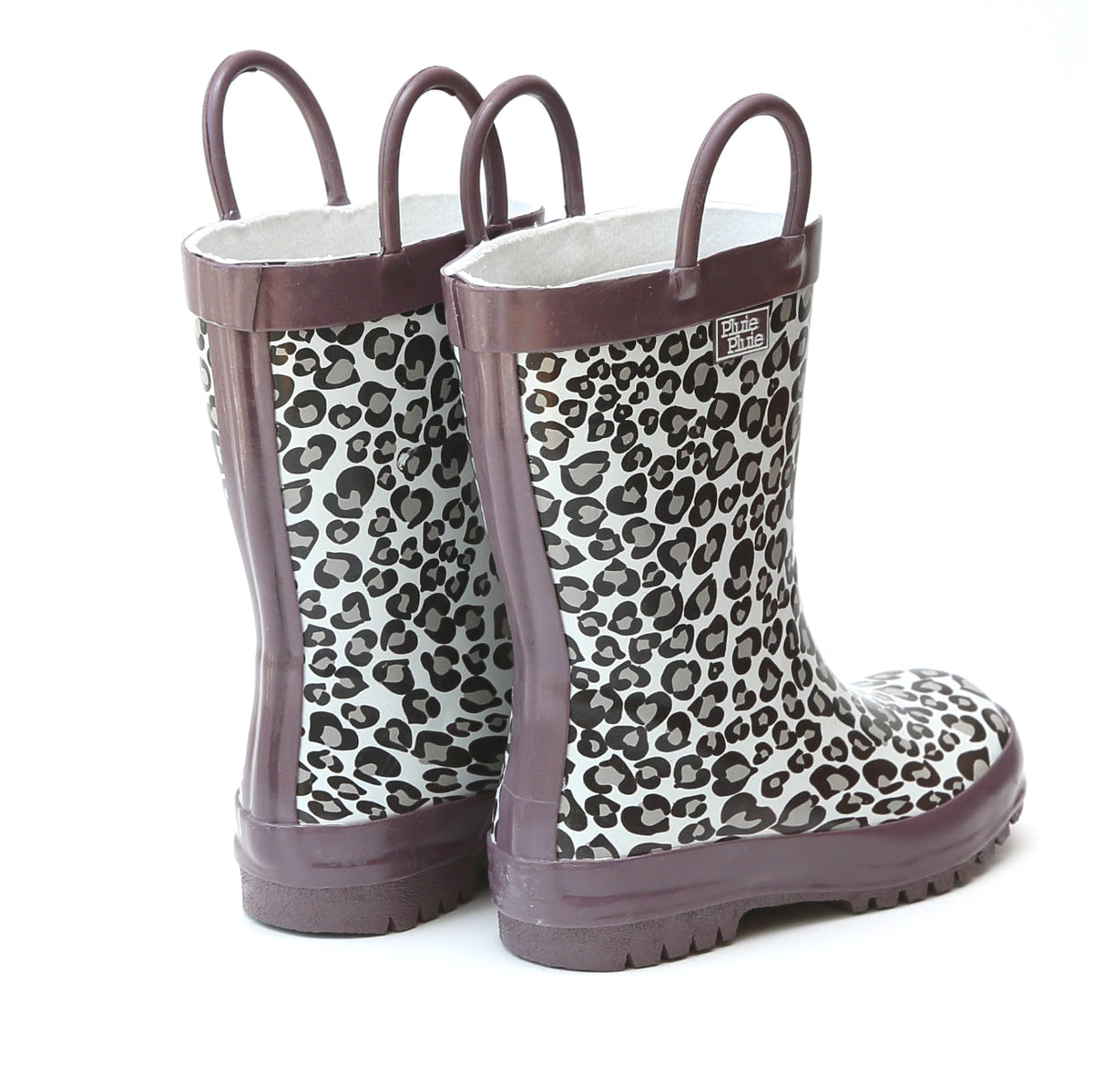 Gray leopard-print rain boots, side view, with purple-gray ankle trim and tread sole