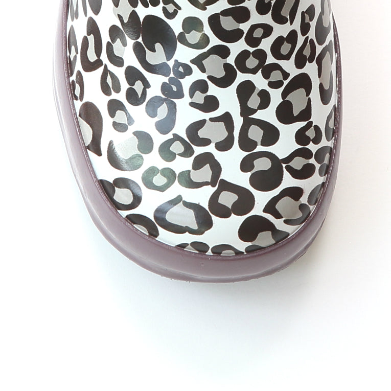 Leopard-print rain boot toe with gray-and-black spots and dark rubber edge