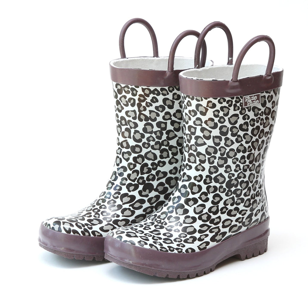 Gray leopard-print rain boots with dark rubber soles and arched handles