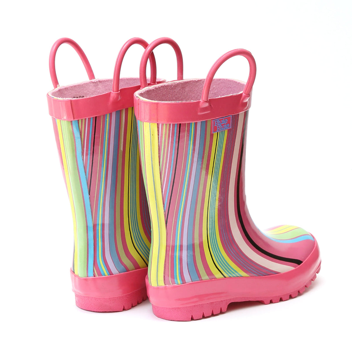 Pair of pink and rainbow striped rain boots with side pull loops and tread sole