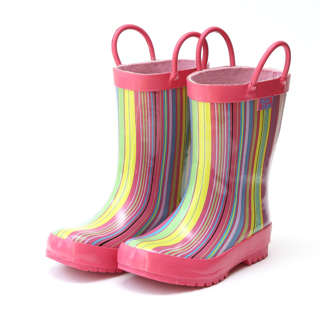 Pink striped rain boots with glossy pink trim and rounded toe