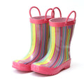 Pink striped rain boots with glossy pink trim and rounded toe
