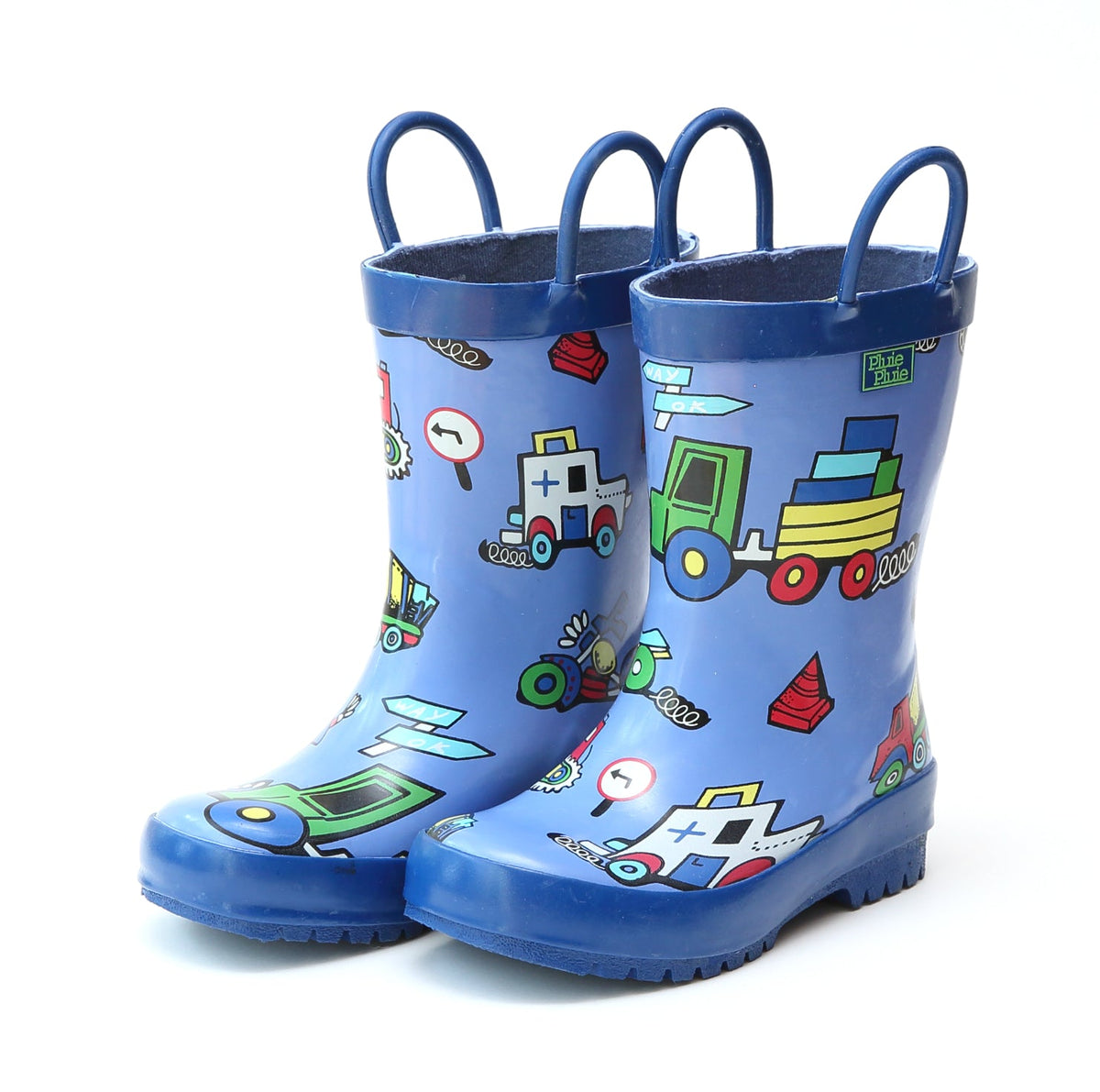 Blue rain boots with colorful truck and vehicle print, rounded toe and pull handles