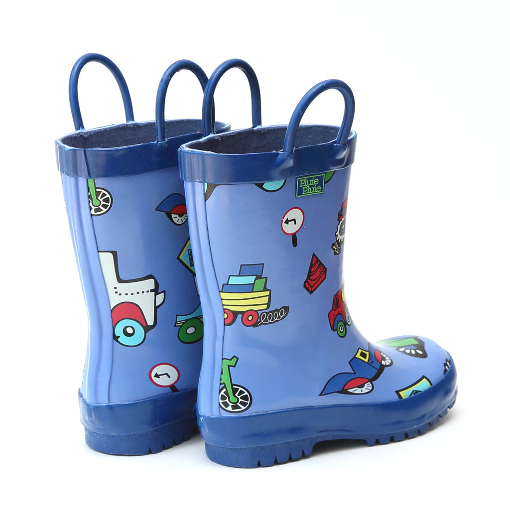 Pair of blue rain boots with vehicle icons and pull handles, textured tread sole