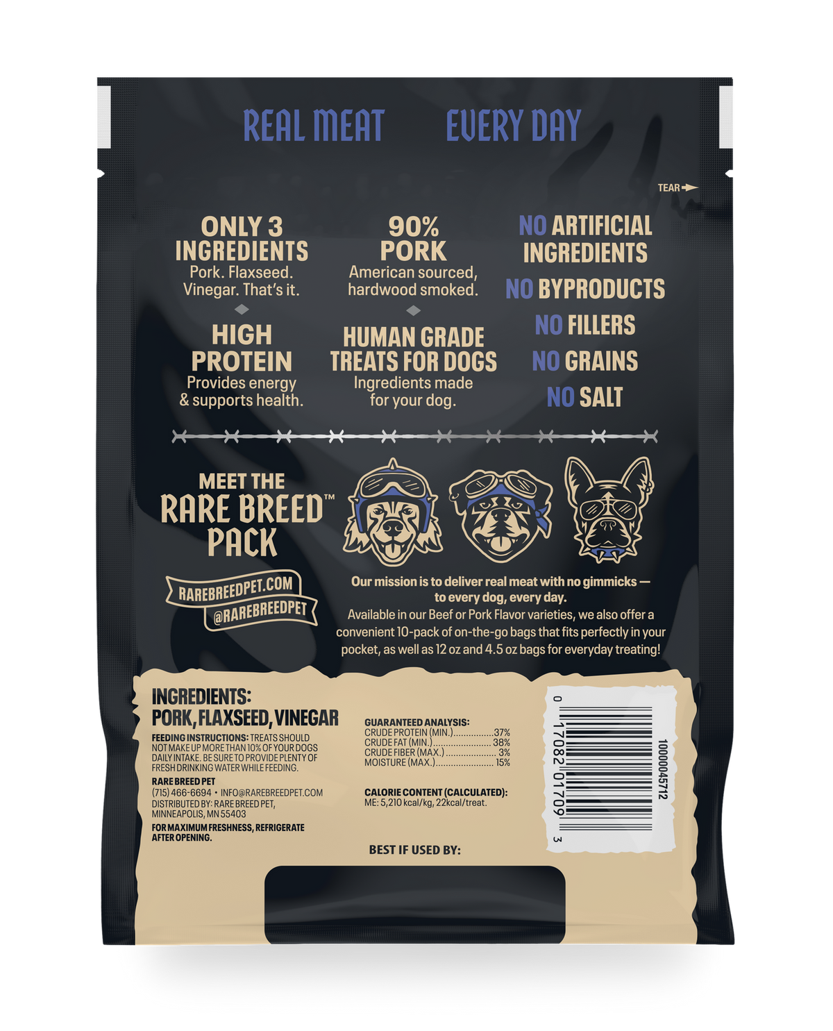Rare Breed pork tender meat cuts pouch back label: 90% pork, no artificial ingredients