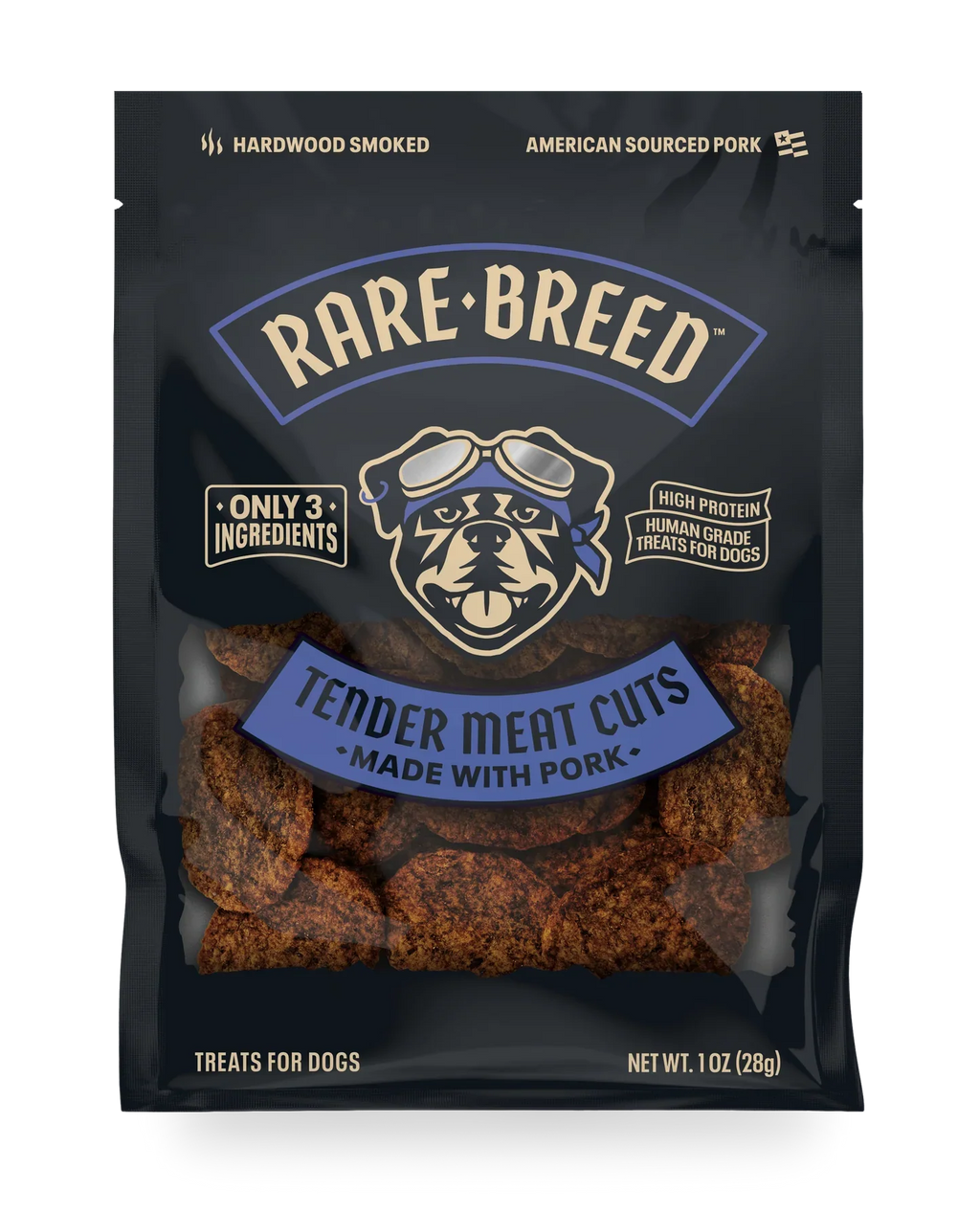 Rare Breed tender meat cuts pork dog treats pouch, hardwood smoked, only 3 ingredients