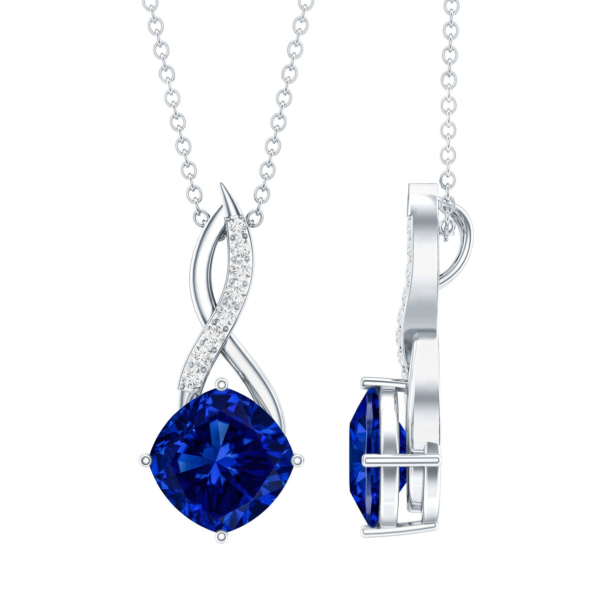 Infinity necklace with blue cushion-cut sapphire pendant and clear stones
