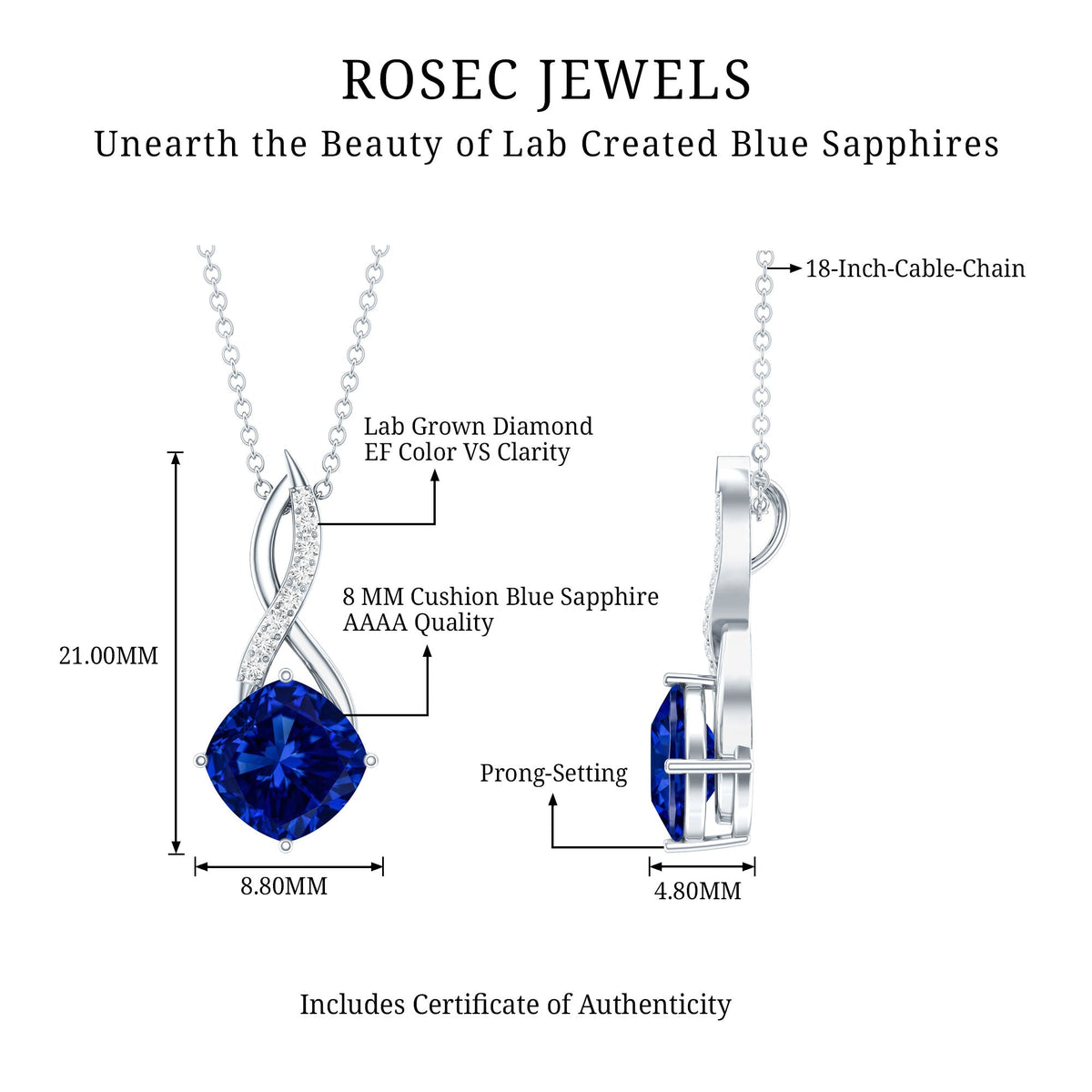 Infographic size diagram for cushion-cut blue sapphire infinity pendant necklace