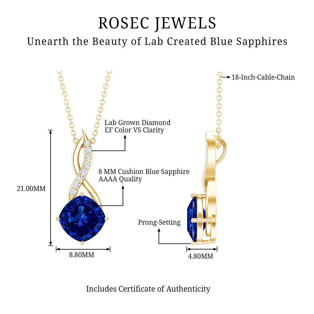 Infinity necklace product diagram showing blue cushion sapphire and diamond settings