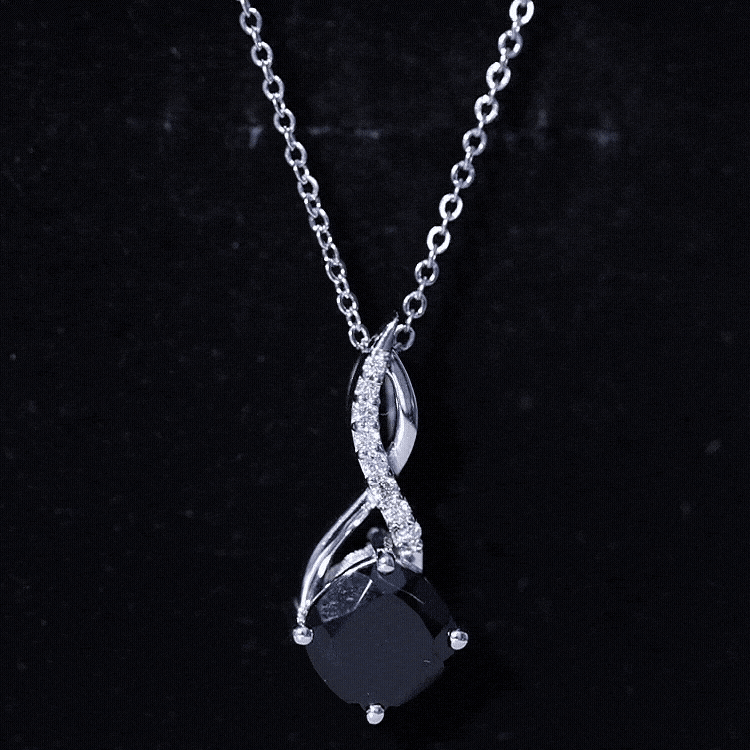 Black diamond infinity pendant necklace with cushion-cut stone on a silver chain