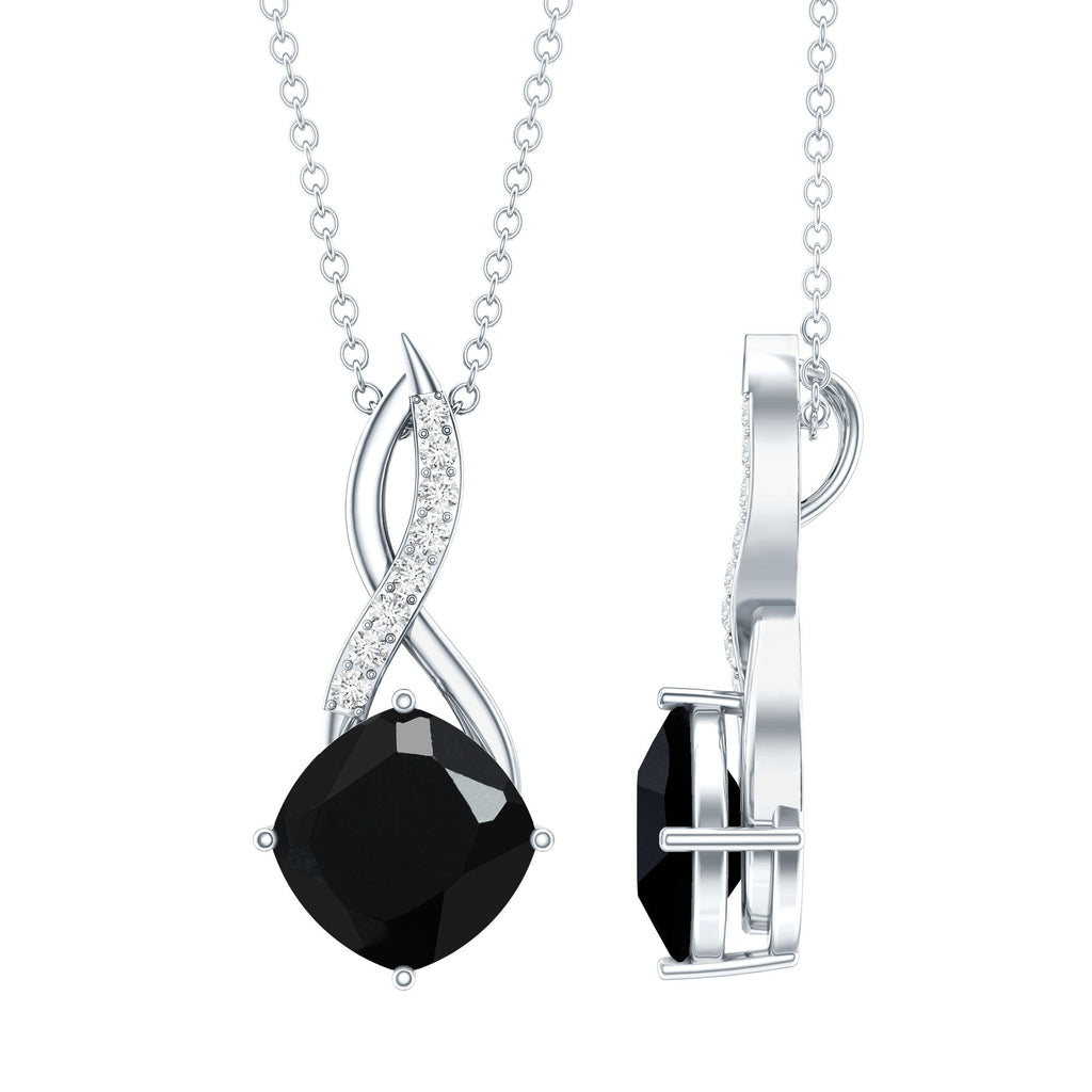Infinity pendant necklace with faceted black diamond in silver-tone setting