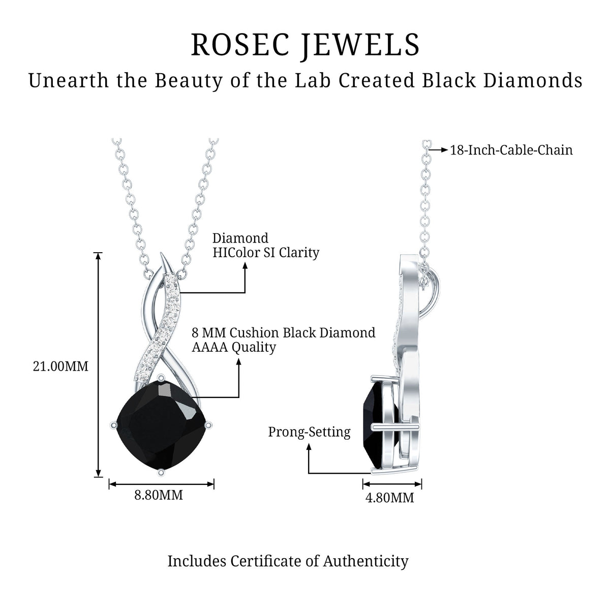 ROSEC JEWELS diagram: cushion-cut black diamond infinity necklace with 18-inch chain