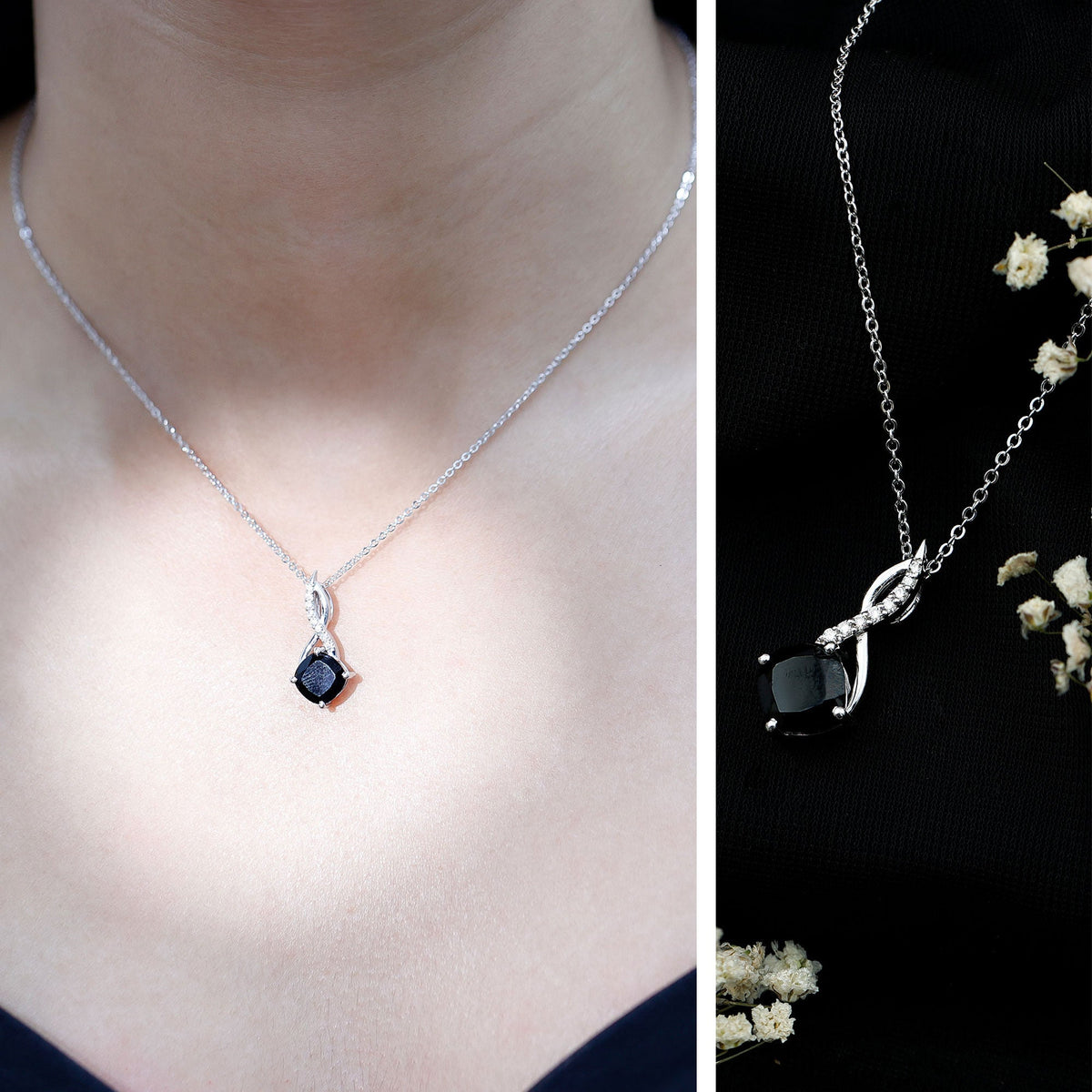 White gold infinity pendant necklace with cushion black diamond on chain