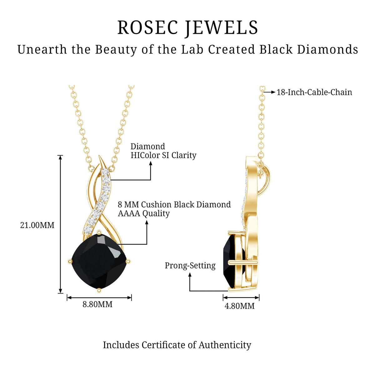 Gold infinity pendant necklace product diagram with cushion black diamond