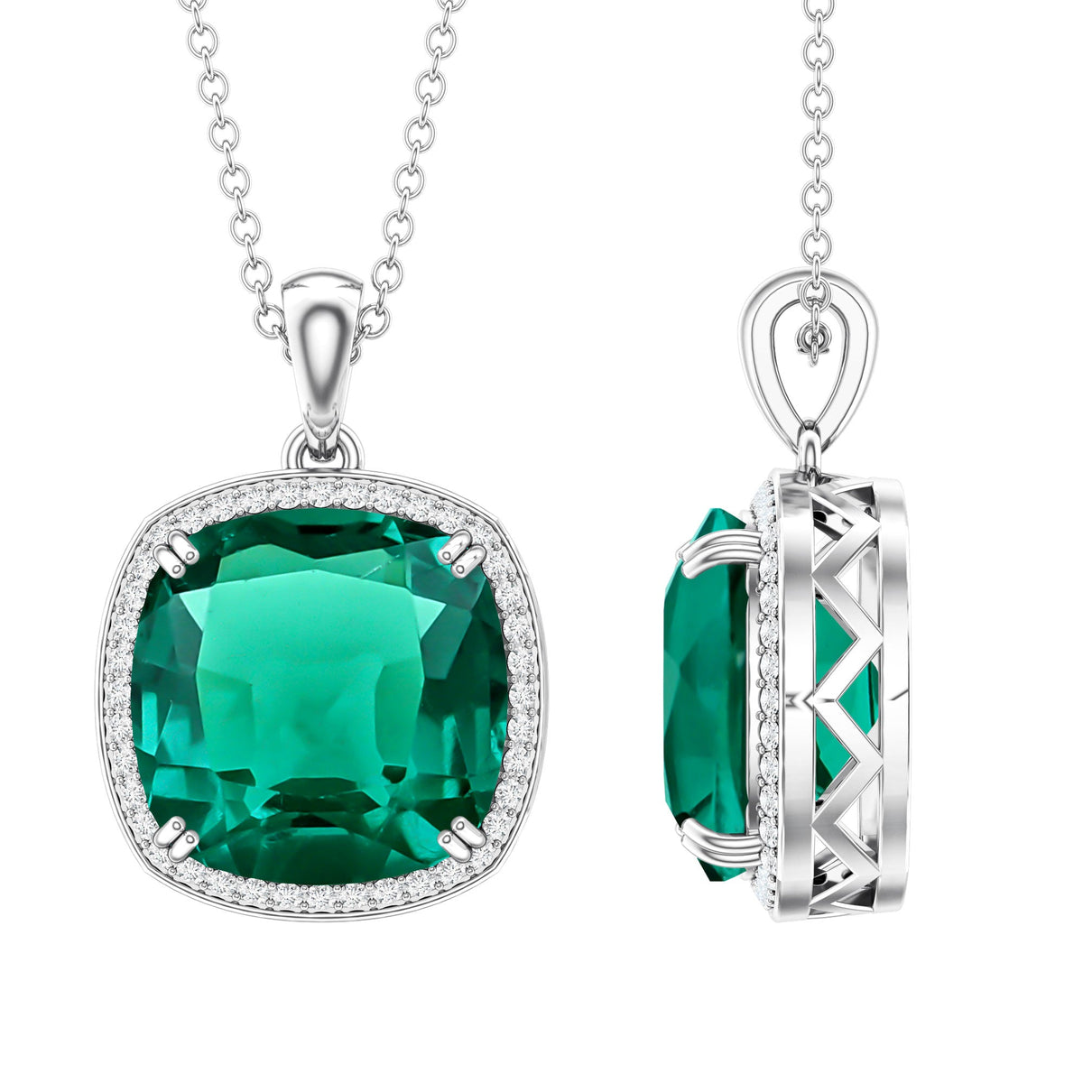Silver-tone cushion emerald pendant with diamond halo and linked chain, two-sided view
