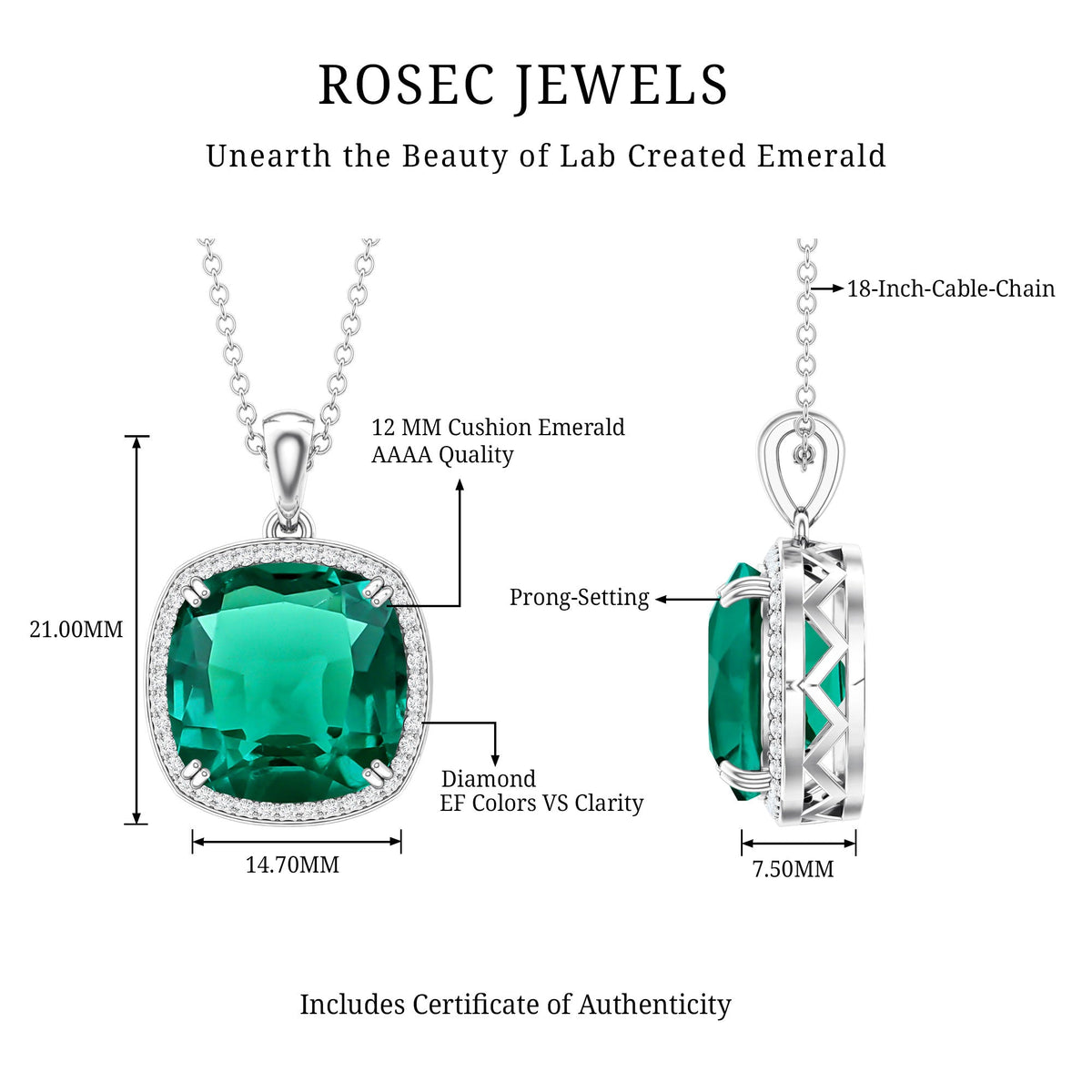 Cushion-cut emerald and diamond pendant necklace diagram with prong setting