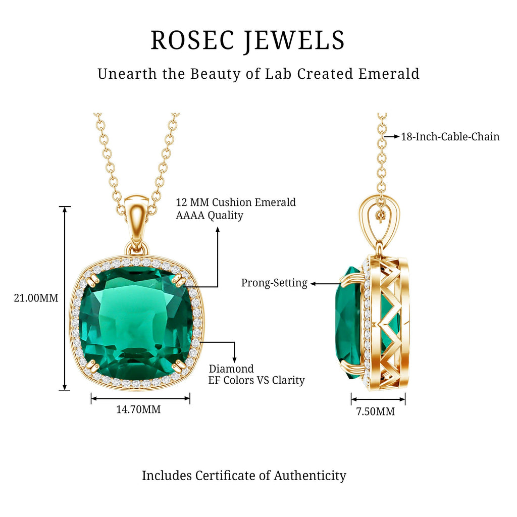 Necklace product diagram with cushion emerald pendant and diamond halo measurements