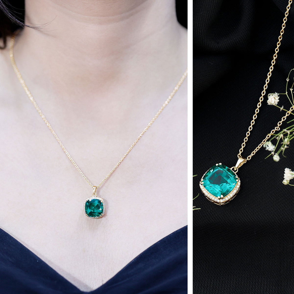 Gold-tone necklace with small cushion emerald pendant on a delicate chain
