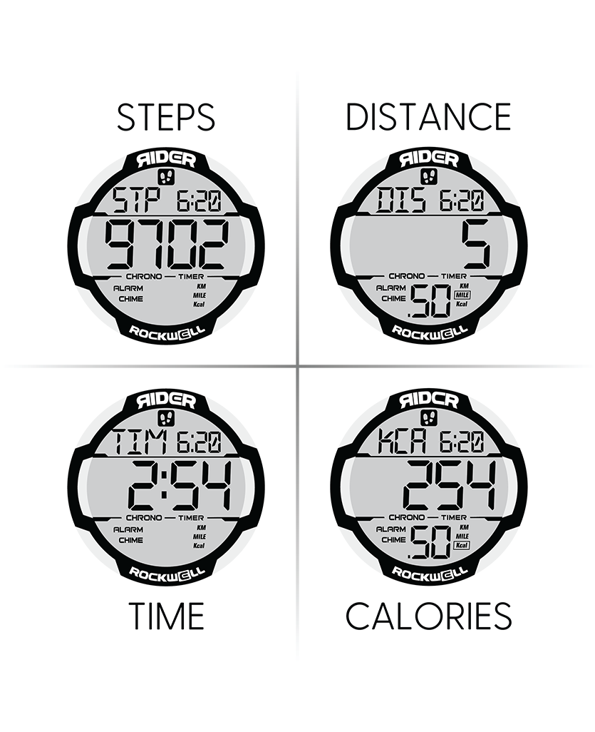 Four digital watch face views showing different time readings and functions